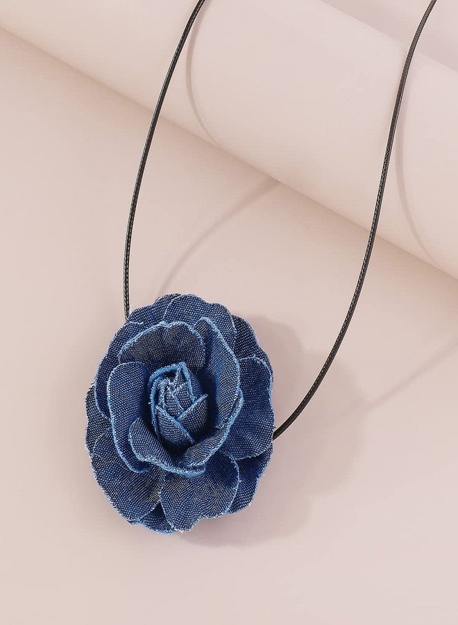 Rannyrena French Denim Flower Choker Necklace Black Leather Rope Long Wrap Tie Necklace Layered Bow-knot Collar Necklace Elegant Party Accessories for Women - Image 3